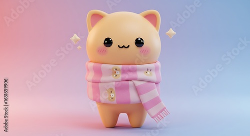 Charming 3D rendered kawaii cat figurine with pink and white scarf, stars, soft lighting and