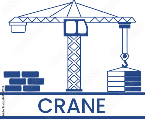 Crane lifting construction materials in flat style vector