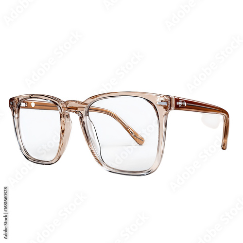 Semi-transparent designer frame with soft brown gradient and elegant metallic hinges, elevated side angle, isolated transparent background