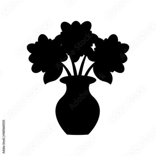 Elegant black silhouette of three blossoming flowers in a classic vase