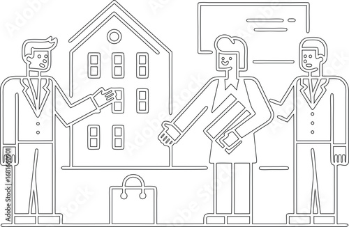 Real Estate Business Vector Illustration – Outline People with House

