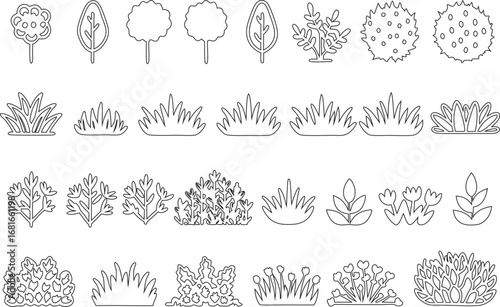 Outline Vector Set of Trees, Bushes, Grass and Plant Icons

