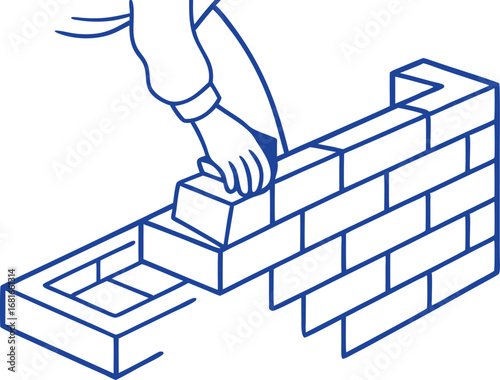 Bricklayer building wall construction process hand placing brick diy home improvement vector