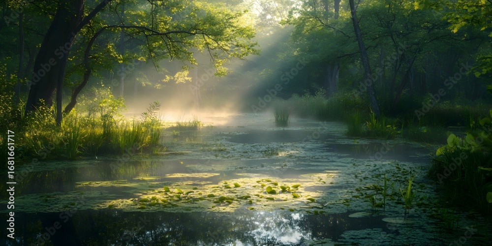 Fototapeta premium The marsh is overgrown with water plants, and the distant croaking of frogs can be heard