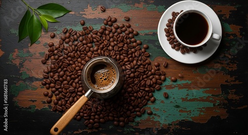 A flat lay of coffee beans, a cup of coffee, and a cezve (Turkish coffee pot) arranged on a rustic wooden table with green accents