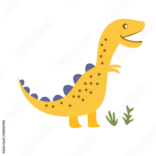 Cartoon yellow dinosaur with purple spikes and brown spots standing near green grass illustration
