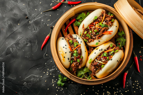 pulled beef bao buns in bamboo steam ray, top view