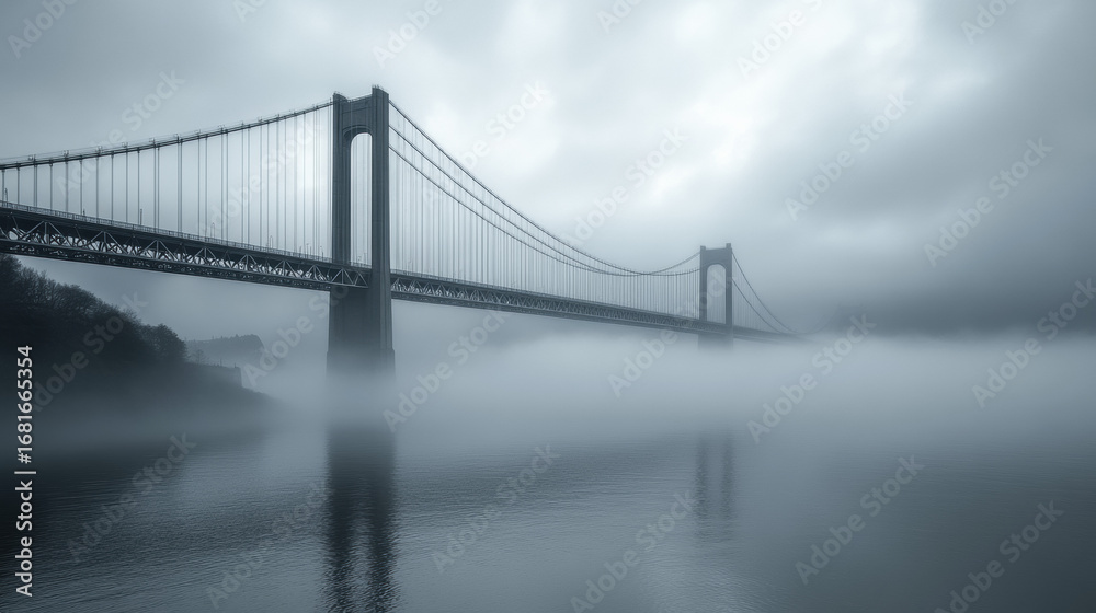 Obraz premium Foggy suspension bridge stretching across wide river, thick mist covers water, calm dawn light, dramatic and atmospheric landscape with minimal details