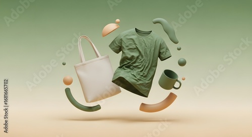 Slika na platnu A collection of green merchandise including a tshirt, tote bag, and mug, floatin