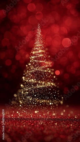 Magical Christmas tree forming from golden dust particles on red background
