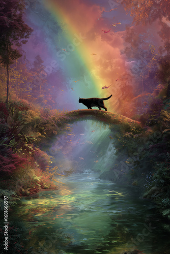 Cat Crossing the Rainbow Bridge in a Mystical Forest