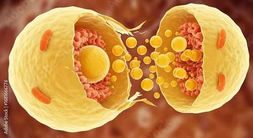 Scientific 3D illustration of a human fat cell dividing, showing lipid droplets and the nucleus in a microscopic view