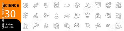 Science icon set in line vector style with modern minimal design showing research, laboratory, chemistry, physics, biology, innovation, experiments and scientific concepts