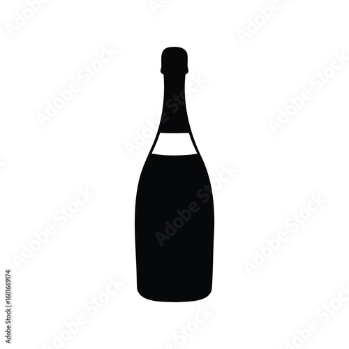 Silhouette of a champagne bottle set against a stark white background