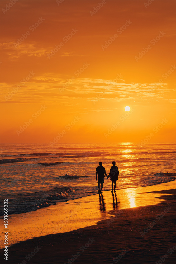 Fototapeta premium Couple Holding Hands Walking on Beach at Sunset