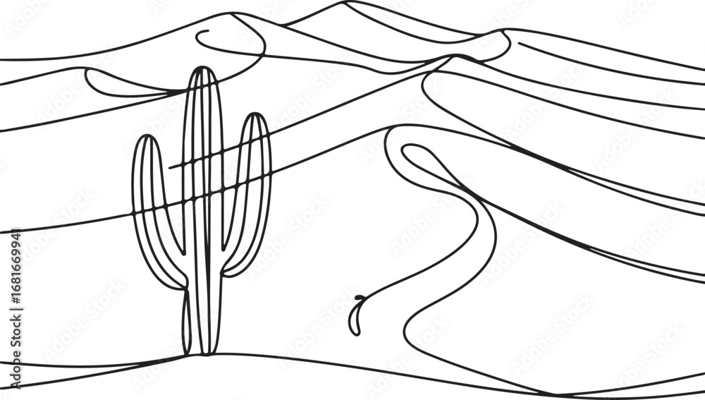 Naklejka premium “Continuous line art of desert dunes with cactus, abstract minimal landscape vector” (1)