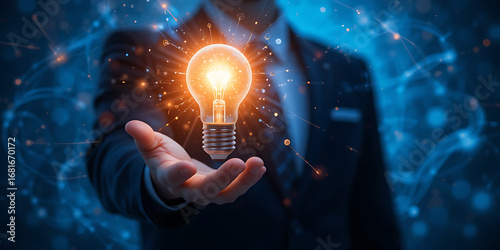 Businessman holding a glowing light bulb with a network of connections and particles emanating from it, symbolizing innovation and ideas