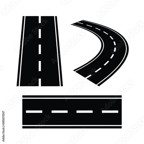 Collection of asphalt road sections including straight and curved lanes with lane markings