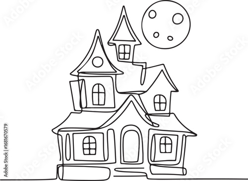 Continuous line art of haunted house with moon, abstract spooky minimal outline vector illustration