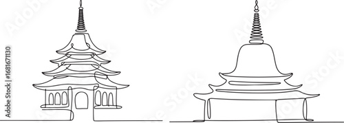 Continuous line art Buddhist pagoda abstract minimal temple silhouette vector illustration