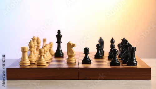 Wooden chessboard with pieces arranged mid-game, light background