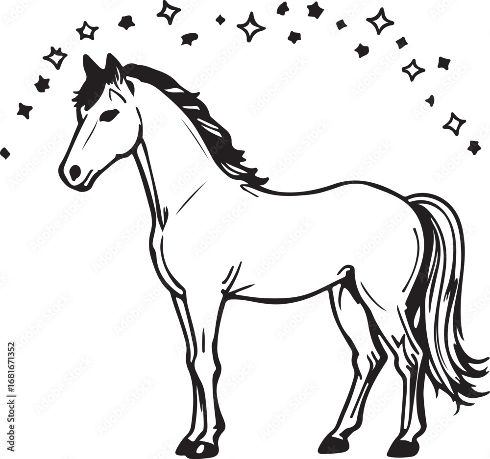 Obraz premium Minimal line art of a horse with decorative stars above, simple animal sketch illustration design