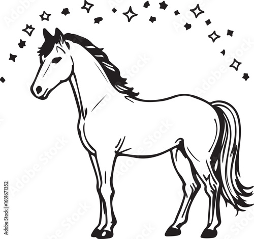 Minimal line art of a horse with decorative stars above, simple animal sketch illustration design
