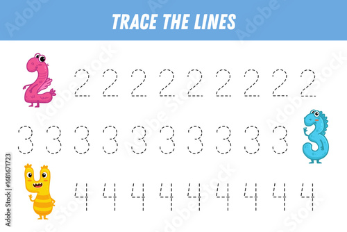 Numbers tracing practice. Writing number two, three, four. Tracing worksheet with cute monster digits. Ready for print. Educational game for preschool kids. Activity page. Vector