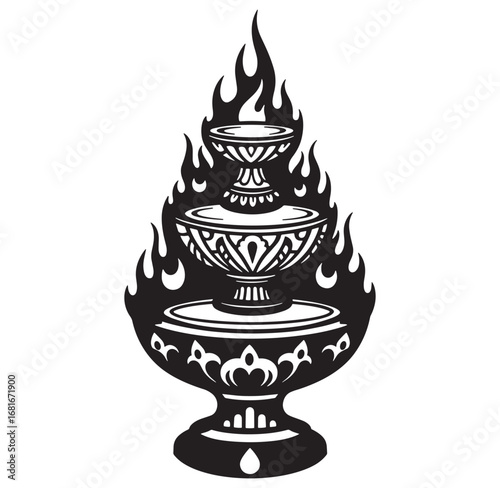 A decorative three tiered incense burner surrounded by stylized flames in vector illustration