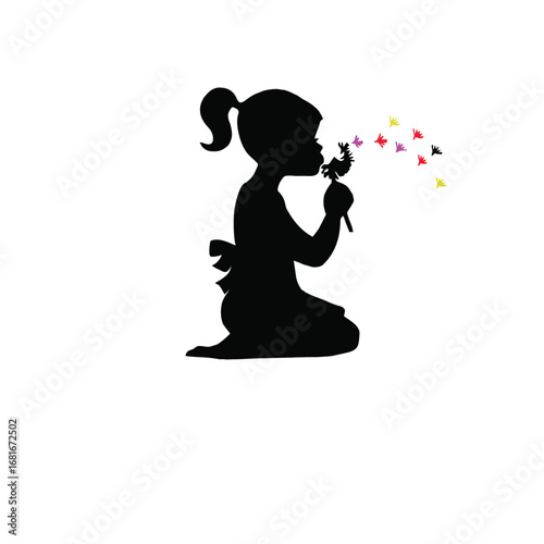 Whimsical silhouette of a young girl blowing a magical dandelion, its seeds transforming into a vibrant flurry of colorful butterflies, symbolizing imagination, dreams, and childhood joy