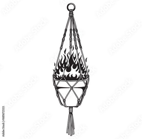 A unique black and white illustration of a fiery plant hanging in a macrame plant hanger