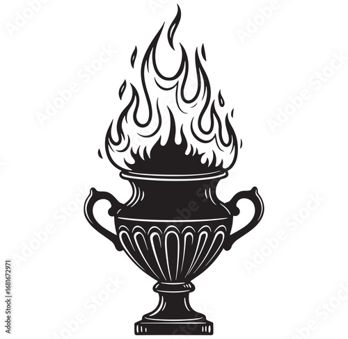 Antique urn with flames vector illustration in a black and white vintage engraved style
