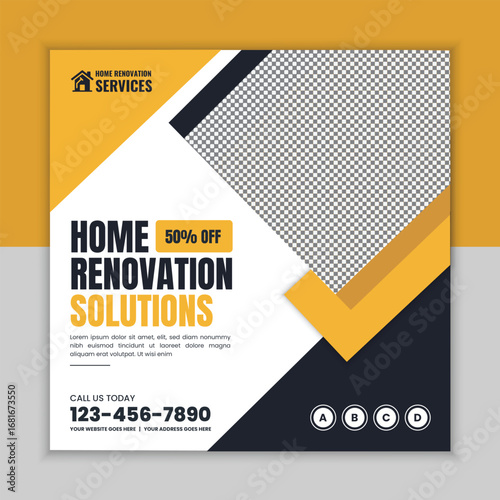 Home renovation services social media post and web square banner flyer template for remodeling, flooring, plumbing, carpentry, painting, and bathroom renovation advertisement.