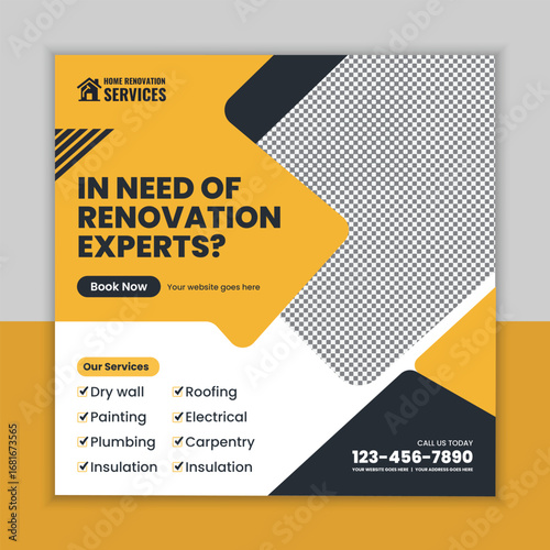 Home renovation services social media post and web square banner flyer template for remodeling, flooring, plumbing, carpentry, painting, and bathroom renovation advertisement.