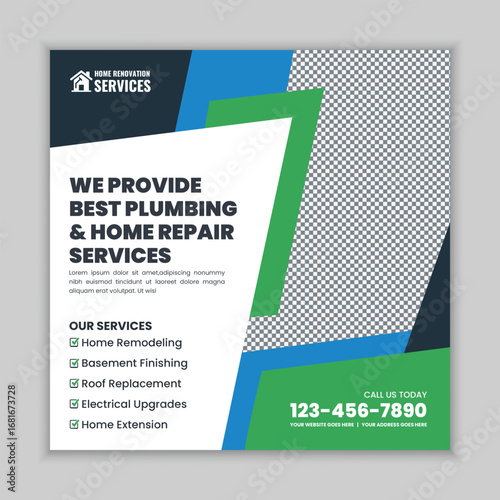 Home renovation services social media post and web square banner flyer template for remodeling, flooring, plumbing, carpentry, painting, and bathroom renovation advertisement.
