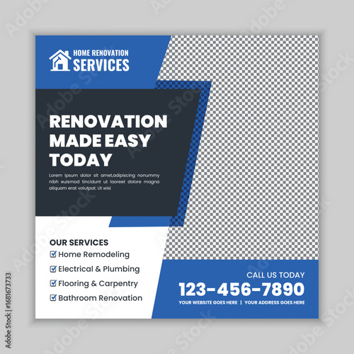 Home renovation services social media post and web square banner flyer template for remodeling, flooring, plumbing, carpentry, painting, and bathroom renovation advertisement.