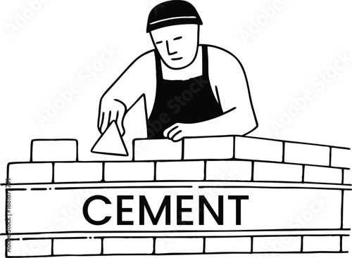 Minimalist line art of a bricklayer working on a cement wall vector