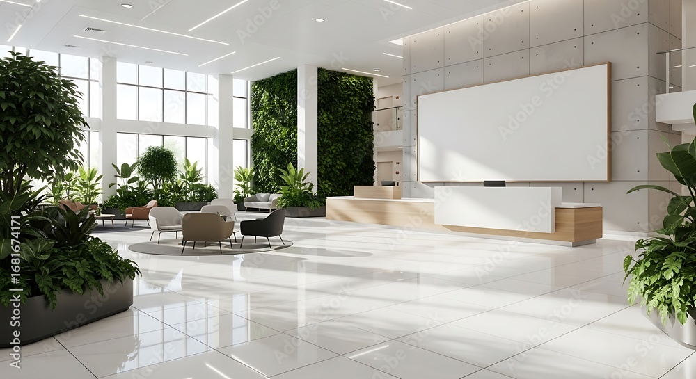 Fototapeta premium Modern, bright office lobby with plants and large windows.