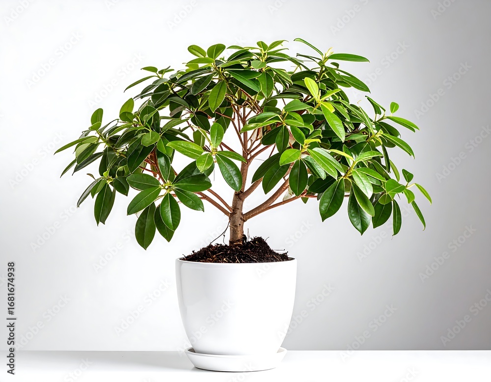 Obraz premium A vibrant bonsai, its lush green leaves displayed in a simple white pot against a neutral backdrop.