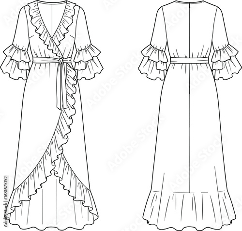 women’s wrap dress, ruffle trim, V‑neckline, elbow sleeve, belt tie, front back view, fashion flat, cad drawing, garment construction, vector illustration