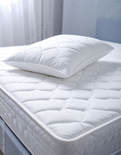 A close-up view of a white quilted mattress and pillow, showcasing a comfortable and inviting bedroom scene.