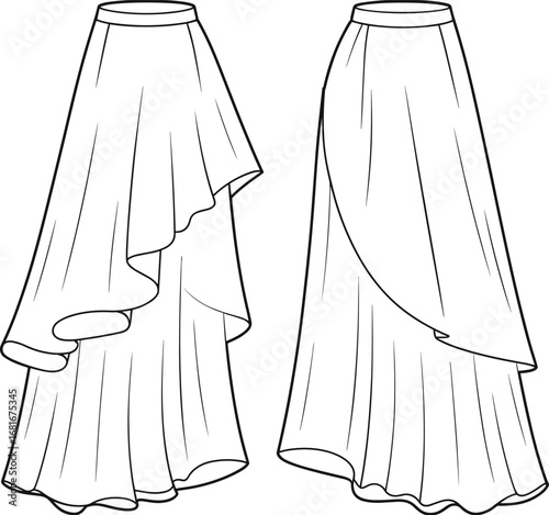 Women's layered and draped long skirt front and back view, high waist, flowing fabric folds, tiered design, fashion flat sketch, garment technical drawing