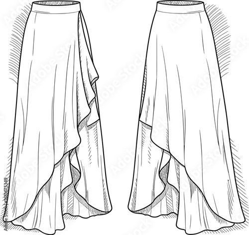 Women's asymmetrical high‑low skirt front and back view, layered ruffle detail, smooth draped design, high waist, fashion flat sketch, garment technical drawing