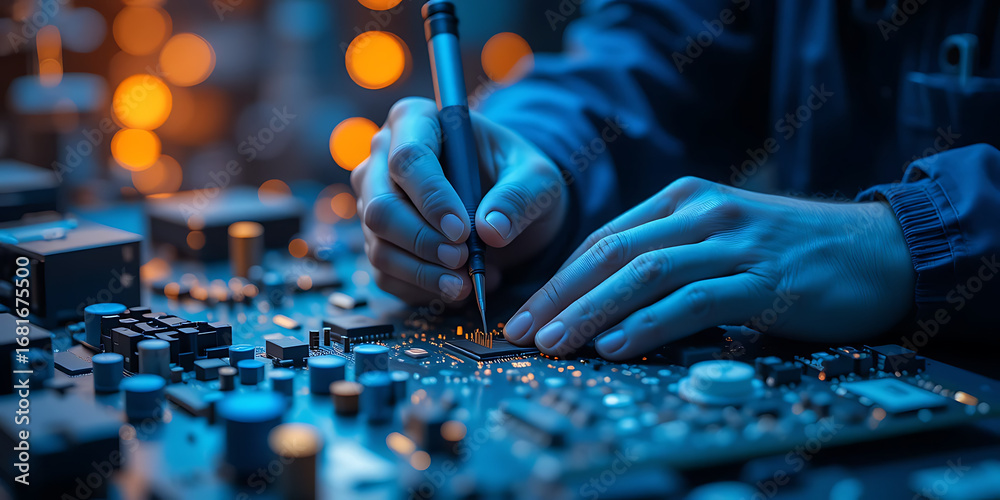 Obraz premium Closeup of hands working on a complex electronic circuit board with glowing orange lights in the background