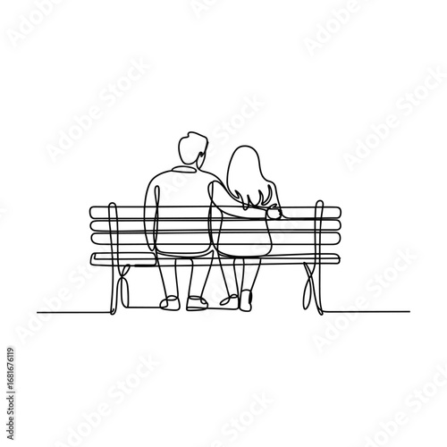 Couple embraces on a park bench in minimalist line art style