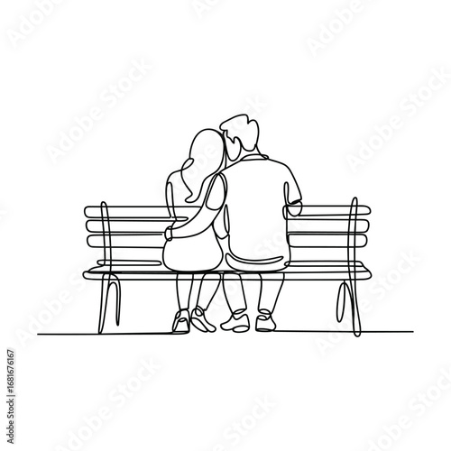 Couple embracing on a park bench in a minimalist line drawing style
