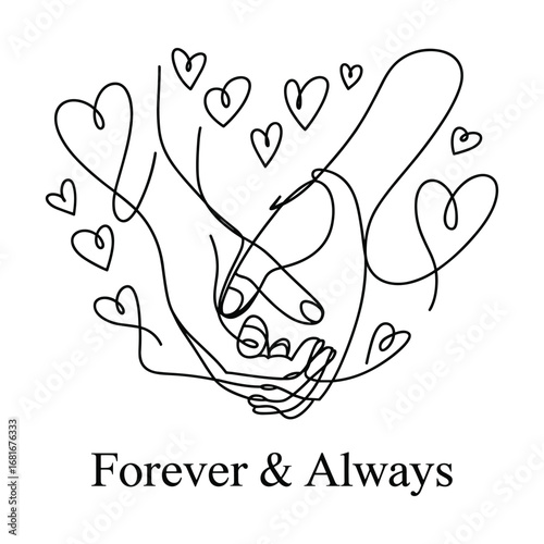 Abstract line art of intertwined hands surrounded by hearts with the words forever always