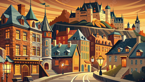Quebec City’s Old Town, Canada, enchants with fortified stone walls, narrow cobbled streets, and French colonial facades. Golden lanterns illuminate the scene; semi-realistic flat vector highlighting 