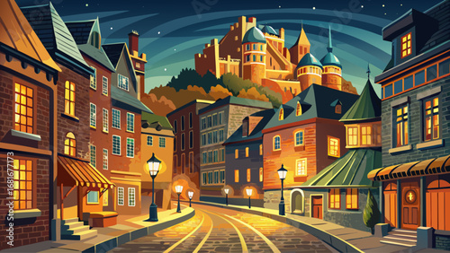 Quebec City’s Old Town, Canada, enchants with fortified stone walls, narrow cobbled streets, and French colonial facades. Golden lanterns illuminate the scene; semi-realistic flat vector highlighting 
