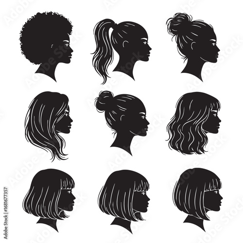 Collection of diverse female hairstyles silhouettes diverse beauty hair styles portraiture collection silhouette